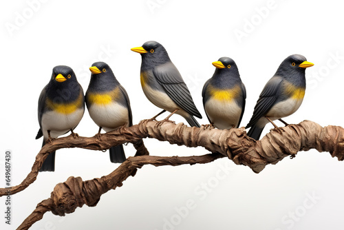 Image of group of mynas on a branch on a white background. Birds. Animals. Illustration, Generative AI.