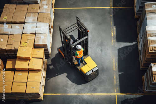 Overhead view of warehouse worker moving pallet of goods with forklift in warehouse