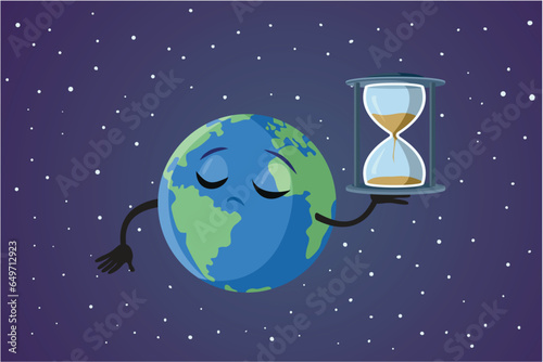 Earth Mascot Holding a Sandglass Vector Cartoon Drawing Illustration. Pessimistic and fatalistic planet mascot character predicting the end 