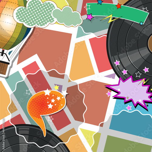 Collage with chaotically arranged vinyl records, a balloon, clouds and empty cartoon templates for text. Vector illustration