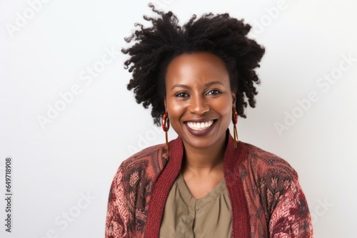 portrait of a confident Kenyan woman in her 30s wearing a chic cardigan against a white background