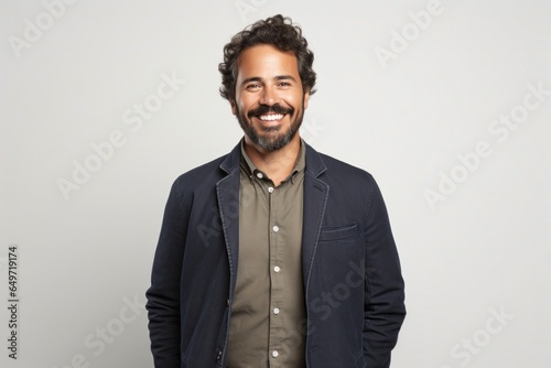 portrait of a confident Mexican man in his 30s wearing a chic cardigan against a white background