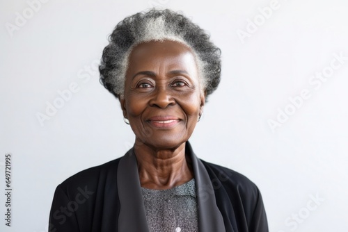 medium shot portrait of a confident Kenyan woman in her 70s wearing a sleek suit against a white background