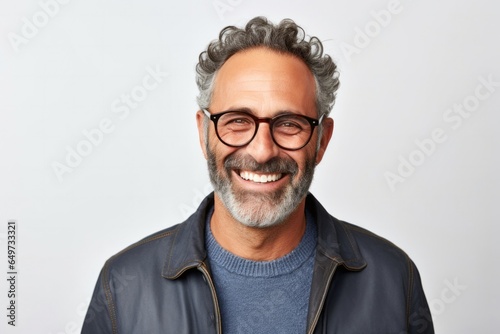medium shot portrait of a confident Israeli man in his 50s wearing a chic cardigan against a white background