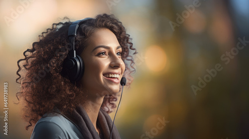 Customer service representative with curly hair talking through headset 