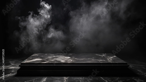 Dark room with smoke featuring an empty black marble table podium and black stone floor 