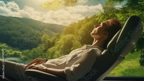 Woman relaxing in a chair with a beautiful mountain view.
