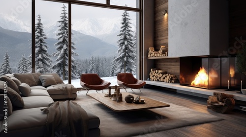 Interior of a mountain cabin in a winter landscape