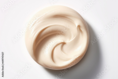 Round White Beige Texture of Cosmetic Face Cream Smear. Swatch smudge concealer, smear hand cream, hair mask. Light beige white liquid, highlighter, BB, CC cream makeup texture of liquid.