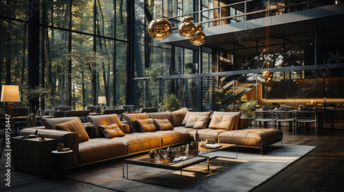 Modern nordic living room with leather sofa and forest view