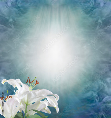 Life Celebration Funeral Wake Order of Service Lily Background Template - white lili head in bottom left corner against a peaceful jade green blue spiritual background with copy space for text 