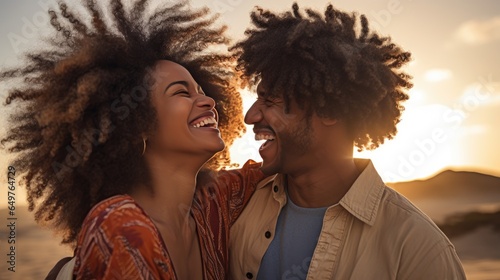 Young black couple embracing and laughing on the beach at golden hour