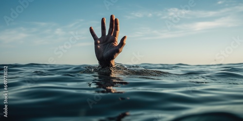 The hand of a drowning person emerges above the ocean's surface, vanishing into the vast, endless expanse of the deep blue sea.
