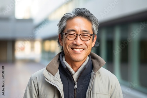Cheerful senior man with gray hair smiling in cityscape