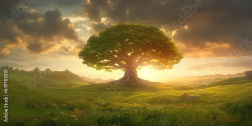 Majestic stand-alone tree atop a hill amidst green field lit by the setting sun, panoramic landscape. Generative AI illustration