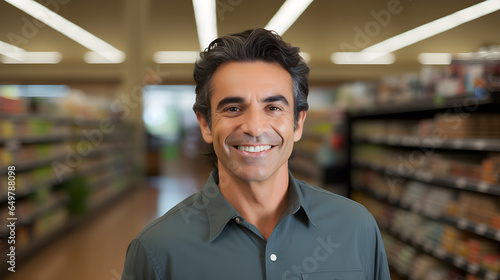 Hombre latino sonriente haciendo sus compras en el supermercado