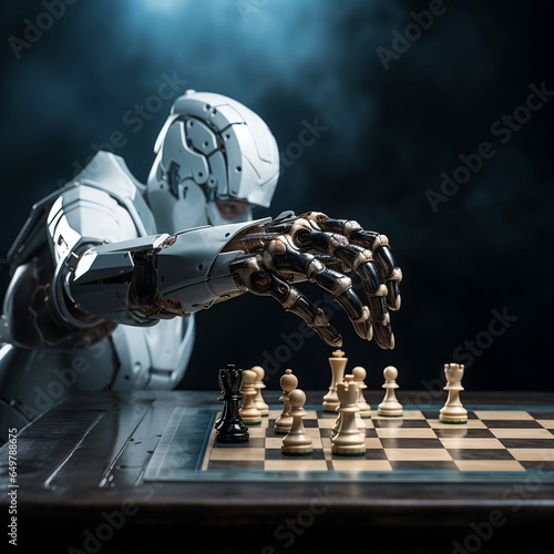 The robot hand moves a chess piece on a table