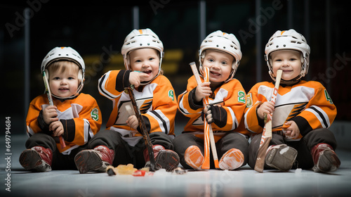 A cute picture of baby hockey players sitting together, enjoying snacks like orange slices and juice boxes during halftime, recharging for the second half