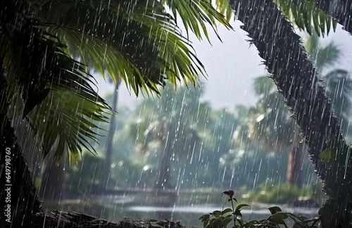 Rain in the tropics during the low season or monsoon season. Raindrops in a garden.