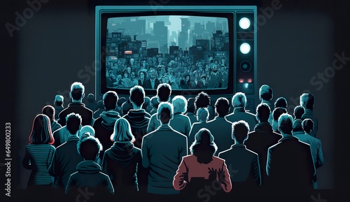 People crowd watching TV. TV addiction, propaganda and fake news concept.