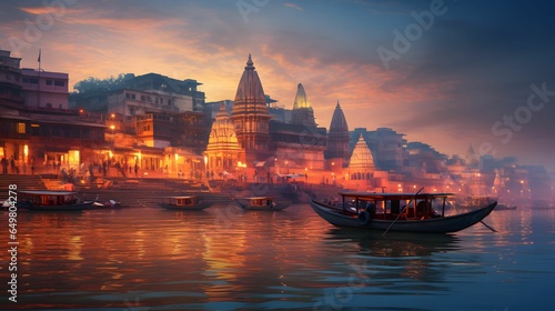 Varanasi city with ancient architecture. View of the holy Manikarnika ghat at Varanasi India at sunset 
