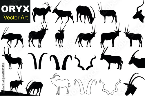 oryx Vector Art, collection of 16 black and white Oryx antelope illustrations. Includes various poses and angles, plus 4 distinct Oryx horn styles. Perfect for wildlife projects, biology presentation