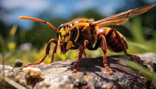 Photo of a european hornet perched on a rock, capturing its intricate details and vibrant colors
