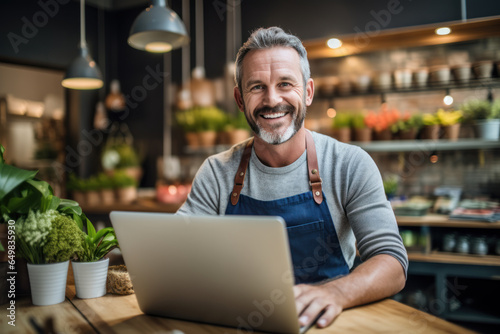 Portrait of smiling business owner makes orders at laptop in his store