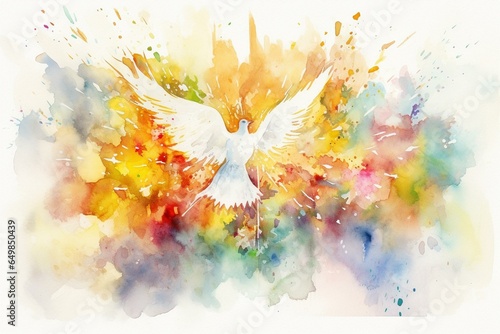 Religious celebration inspired by Holy Spirit descending. Christian artwork featuring watercolor banner. Generative AI