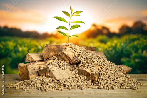 wood pellets and logs with green plant