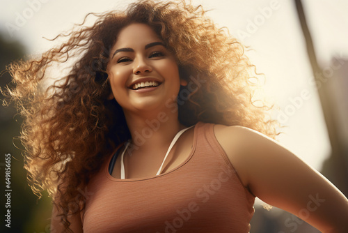 A beautiful strong Latin woman is exercising concentrated and smiling in a beautiful city park ; an obese young person