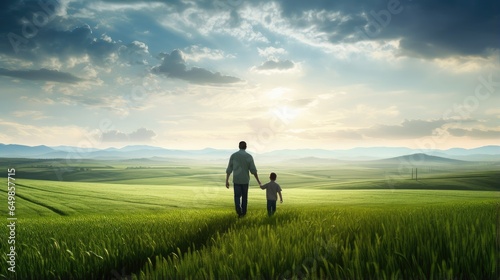 emotional moment of a father and son walking together in a vast open field. It's suitable for family-oriented publications, generational themes, and parenting materials.