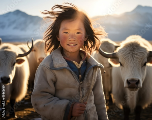 Tibetan children and herd of yak with grasslands and snow mountains in the background.