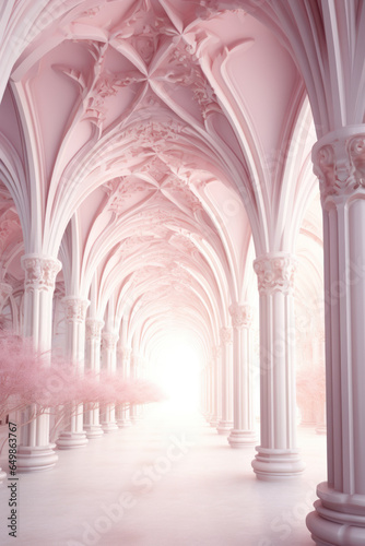 Fantasy arch in a white gothic palace with blooming sakura and roses.