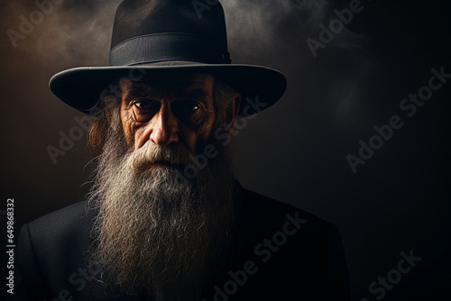 frontal portrait of an old jewish rabbi with long beard and hat