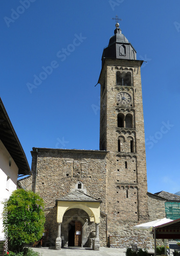 Church of Santa Maria Asunta in Morgex. Valley of Aosta. Italy. View of the First Romanesque clock and bell tower (12th-13th centuries).