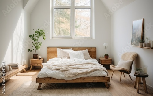 White bedroom with a wooden bed and a window at the bottom, in the style of muted color palette. Generative AI