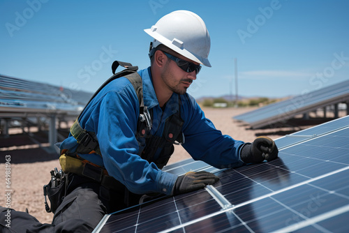 Trabajadores fotovoltaicos con paneles solares captan la energía del sol y la convierten en electricidad, una solución sostenible para el futuro.