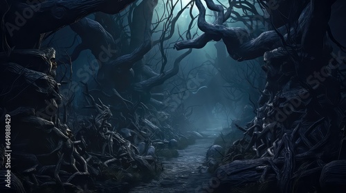 dark haunted forest spooky illustration halloween horror, fear scary, landscape mist dark haunted forest spooky