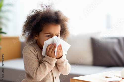 Preschool African American girl with the flu, blowing her nose using a tissue.