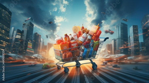 a turbocharged shopping cart speeding down a virtual online grocery store aisle. This visual should capture the essence of the high-speed online grocery shopping experience.
