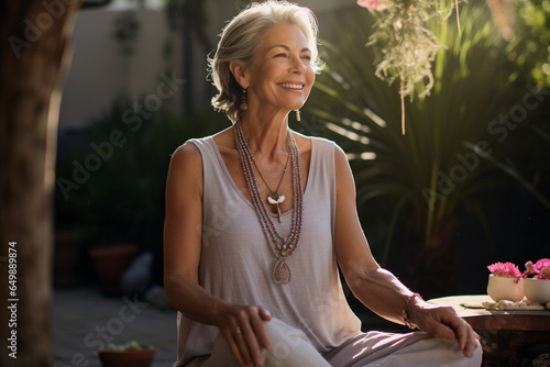 Happy senior woman meditating and exercising yoga, Cheerful woman following a holistic lifestyle at home