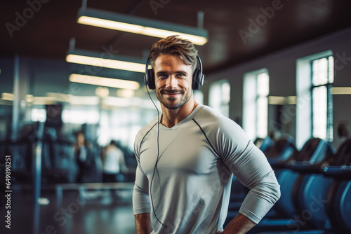 Portrait of man with headphones in gym. Healthy active lifestyle and sports concept. Generative AI