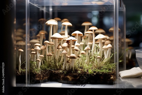 Lab-grown mushrooms for mycology study. Generative AI