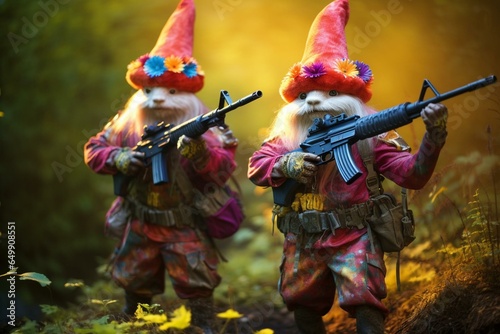 Vibrant forest gnomes armed with guns. Generative AI