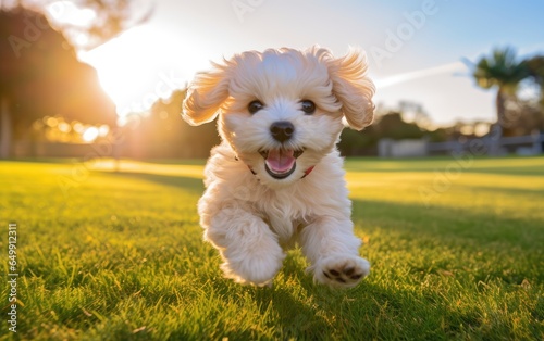 Happy Bollipoo puppy running around the park in clear weather. a pet. dog protection.