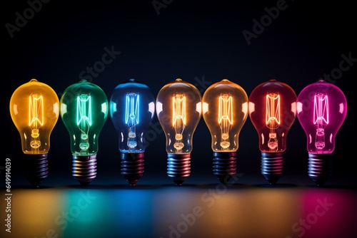 Colorful lightbulbs on black background, visually striking image representing diversity and versatility of energy sources. Generative AI