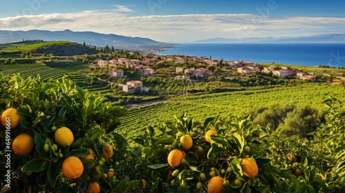 green sicilian citrus orchards illustration agriculture orange, mediterranean sicily, italian season green sicilian citrus orchards