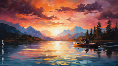 "Horizon Pursuit": A modern depiction of a kayaker's adventure through breathtaking landscapes. Bold, abstract strokes illustrate the journey, with the kayak as a symbol of explora