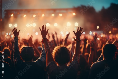 an excited crowd lifting up their hands in a loud rock concert